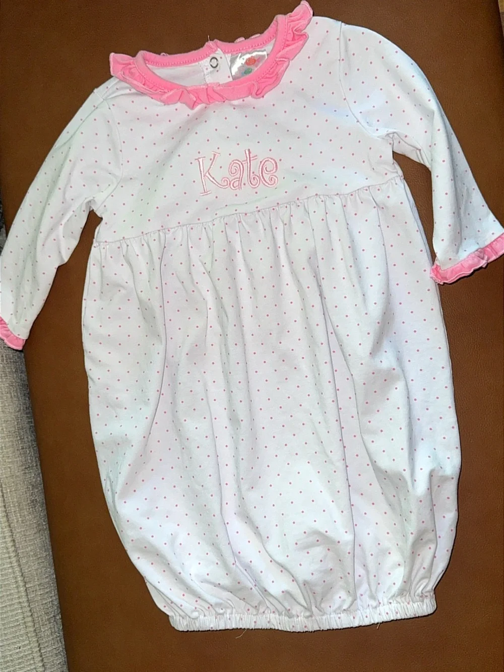 Pristine Stitchy Fish 3-6 months ruffle “Kate” Embroidered Pink Dot Gown